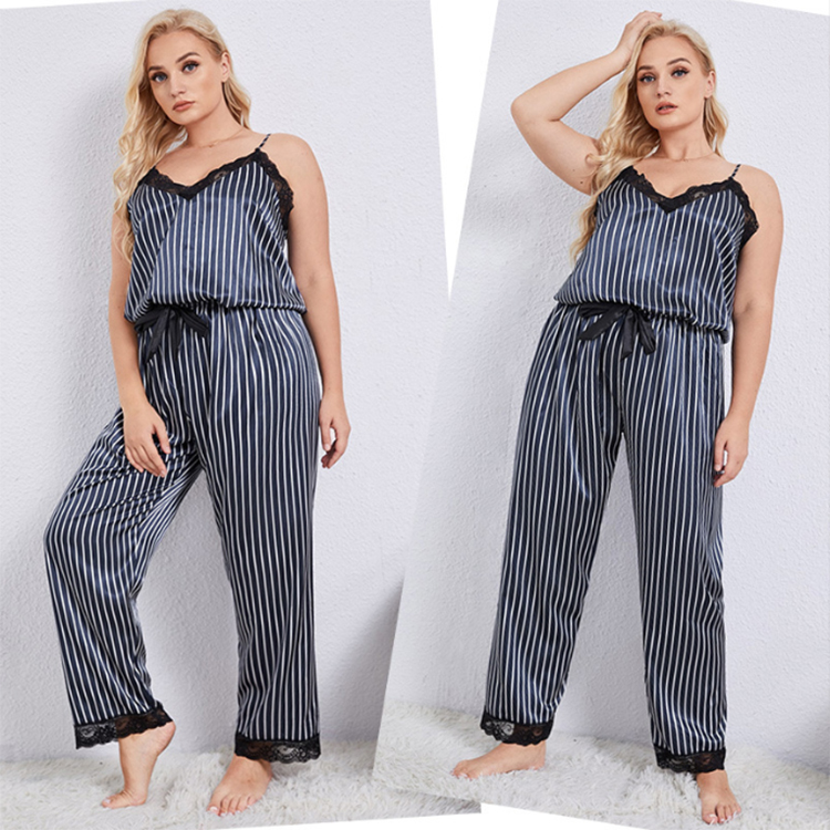 Plus Size Elegant Pajama Set, Women's Plus Striped Jacquard